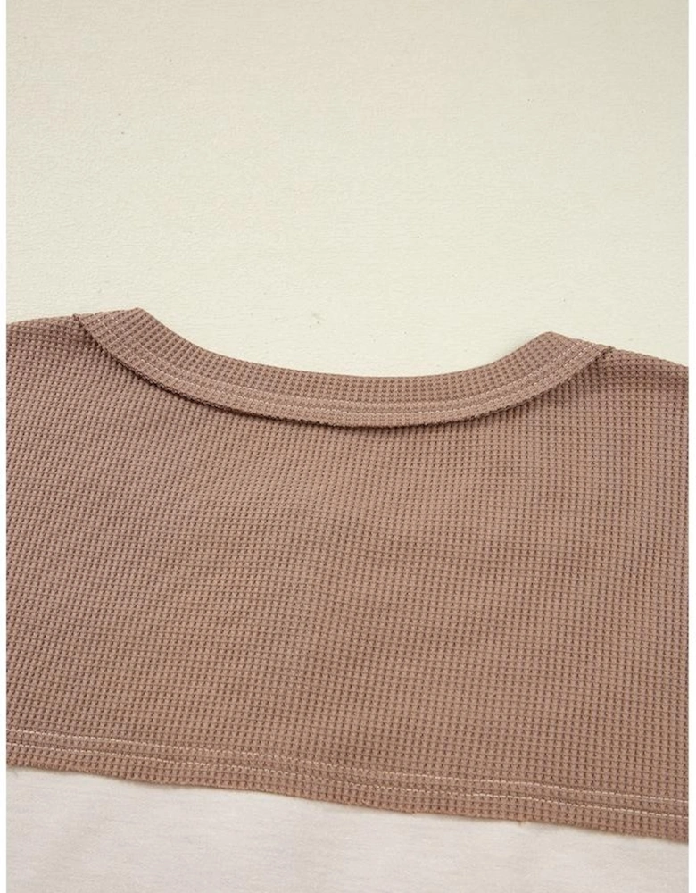 Jet Stream Color Block Waffled Patchwork Loose Henley Top