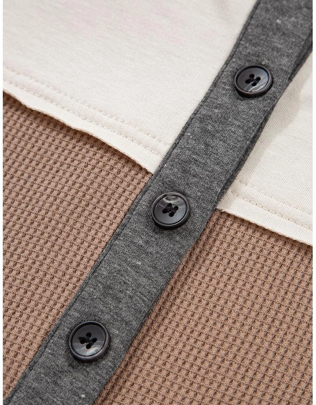 Jet Stream Color Block Waffled Patchwork Loose Henley Top