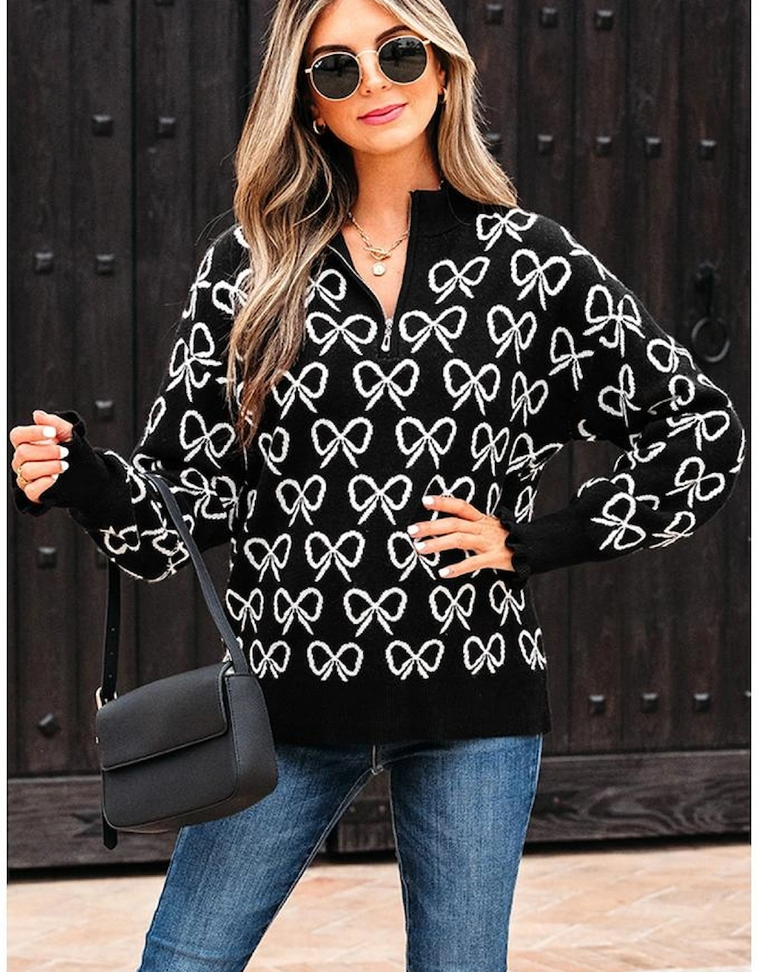Black Cute Bow Pattern Drop Shoulder Zipped Collar Sweater