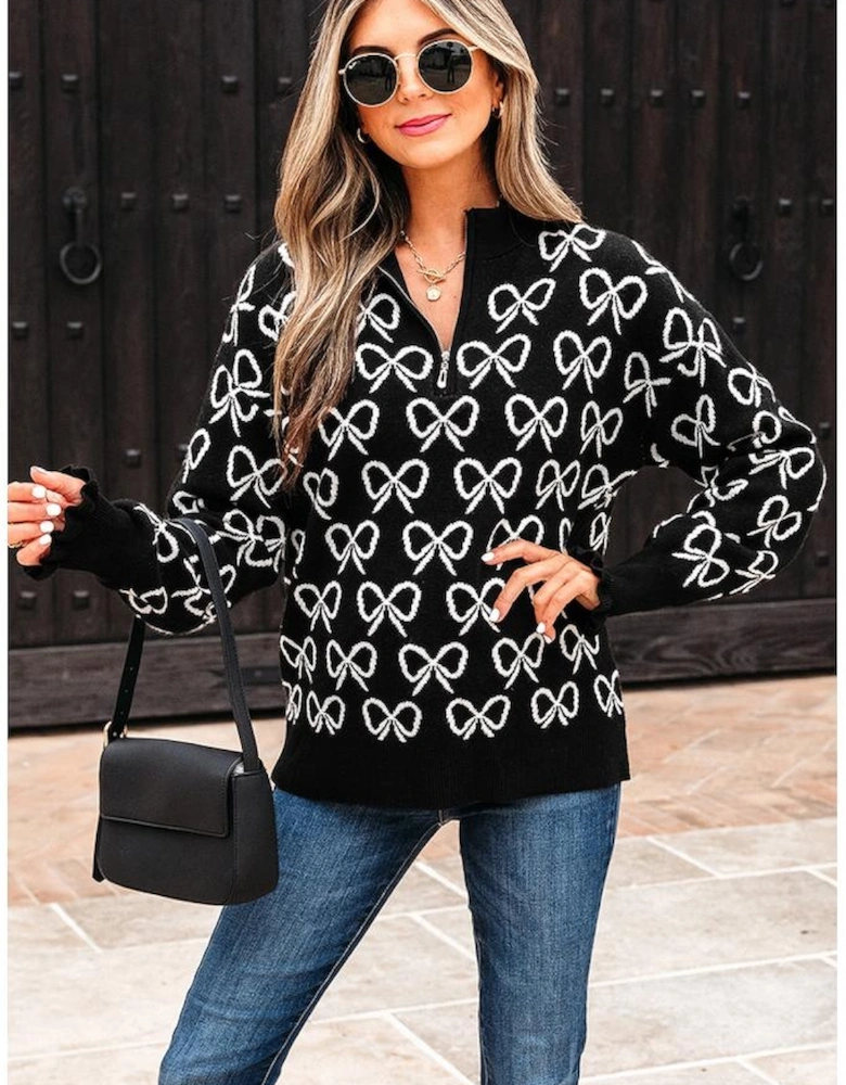 Black Cute Bow Pattern Drop Shoulder Zipped Collar Sweater