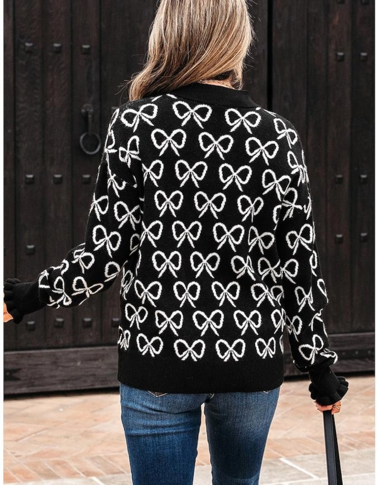 Black Cute Bow Pattern Drop Shoulder Zipped Collar Sweater