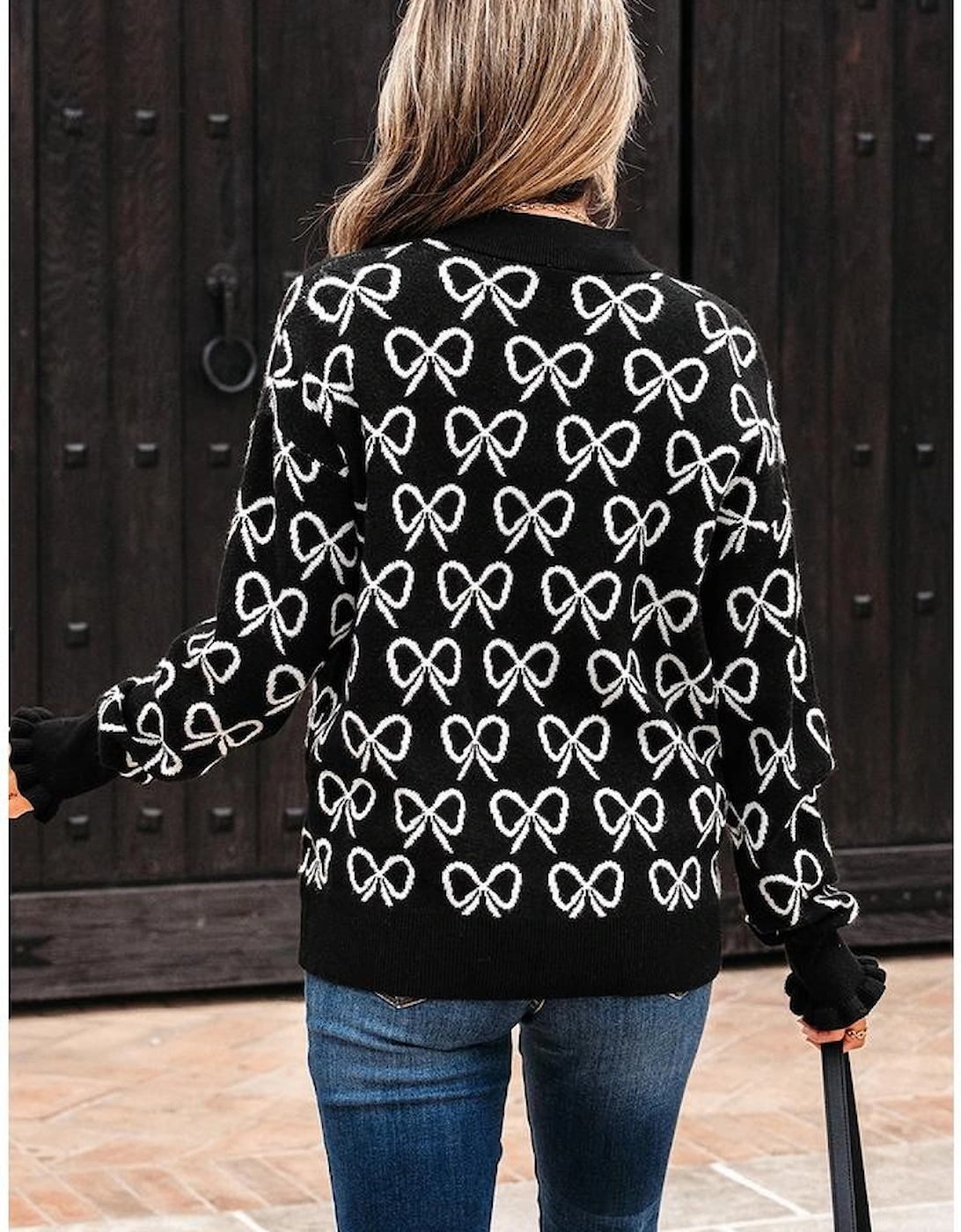 Black Cute Bow Pattern Drop Shoulder Zipped Collar Sweater, 16 of 15