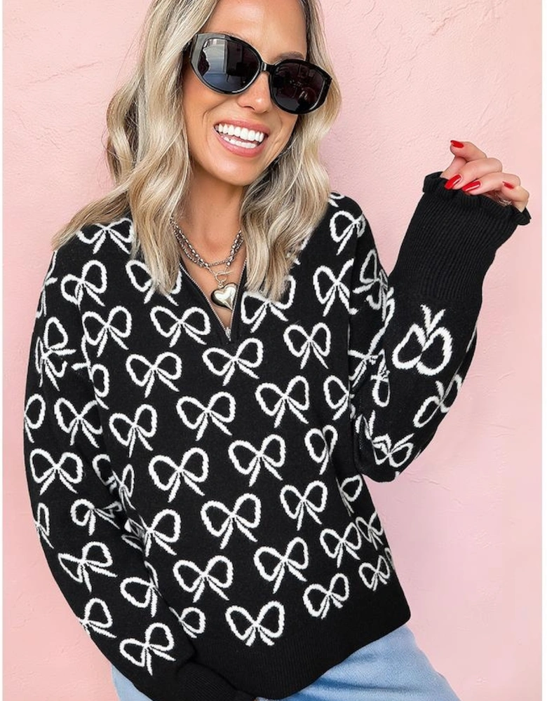 Black Cute Bow Pattern Drop Shoulder Zipped Collar Sweater