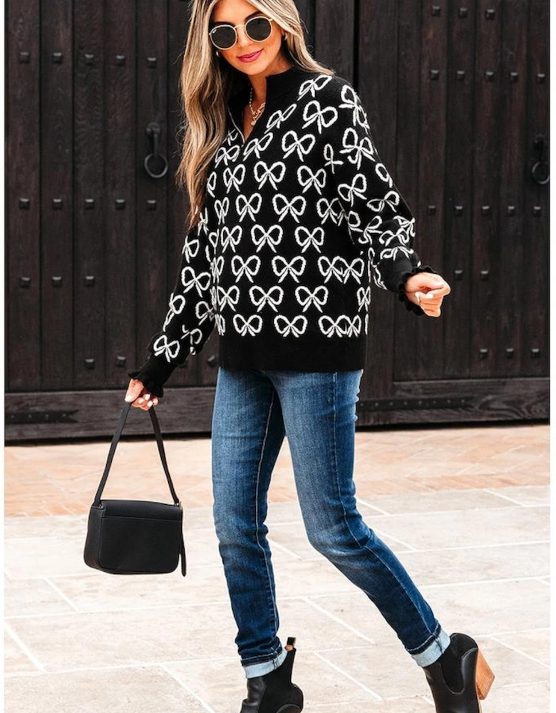 Black Cute Bow Pattern Drop Shoulder Zipped Collar Sweater