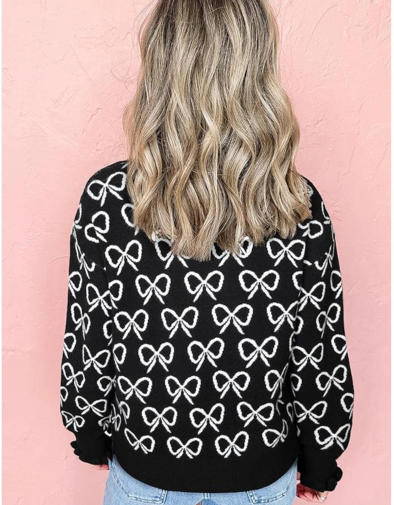 Black Cute Bow Pattern Drop Shoulder Zipped Collar Sweater