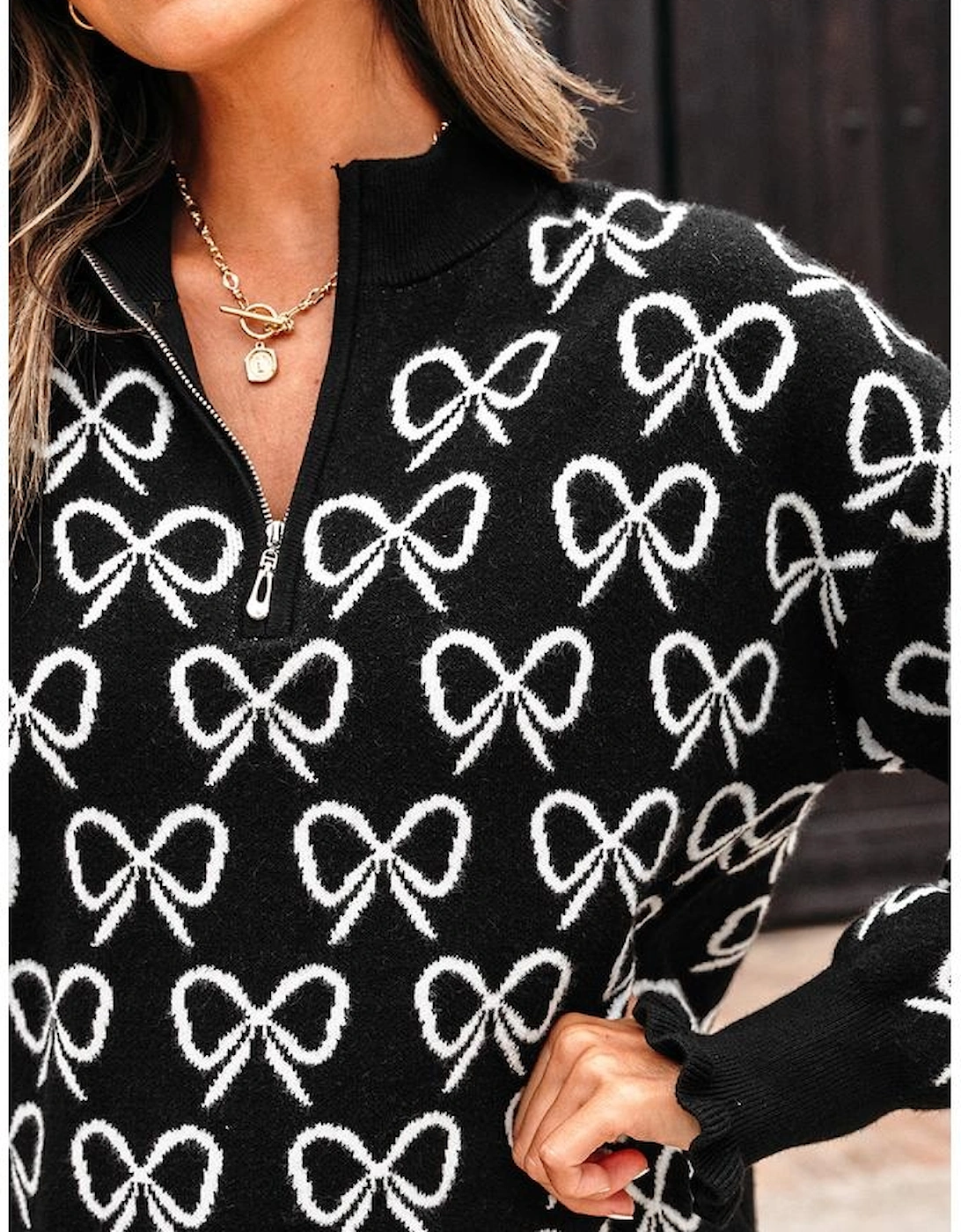 Black Cute Bow Pattern Drop Shoulder Zipped Collar Sweater