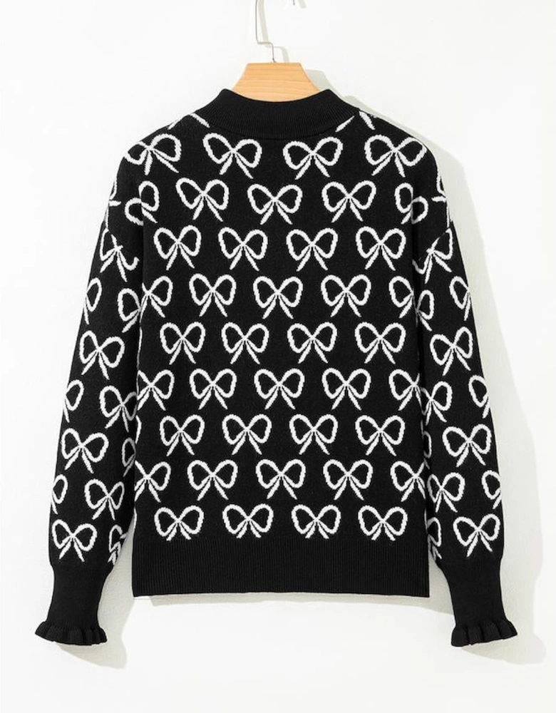 Black Cute Bow Pattern Drop Shoulder Zipped Collar Sweater