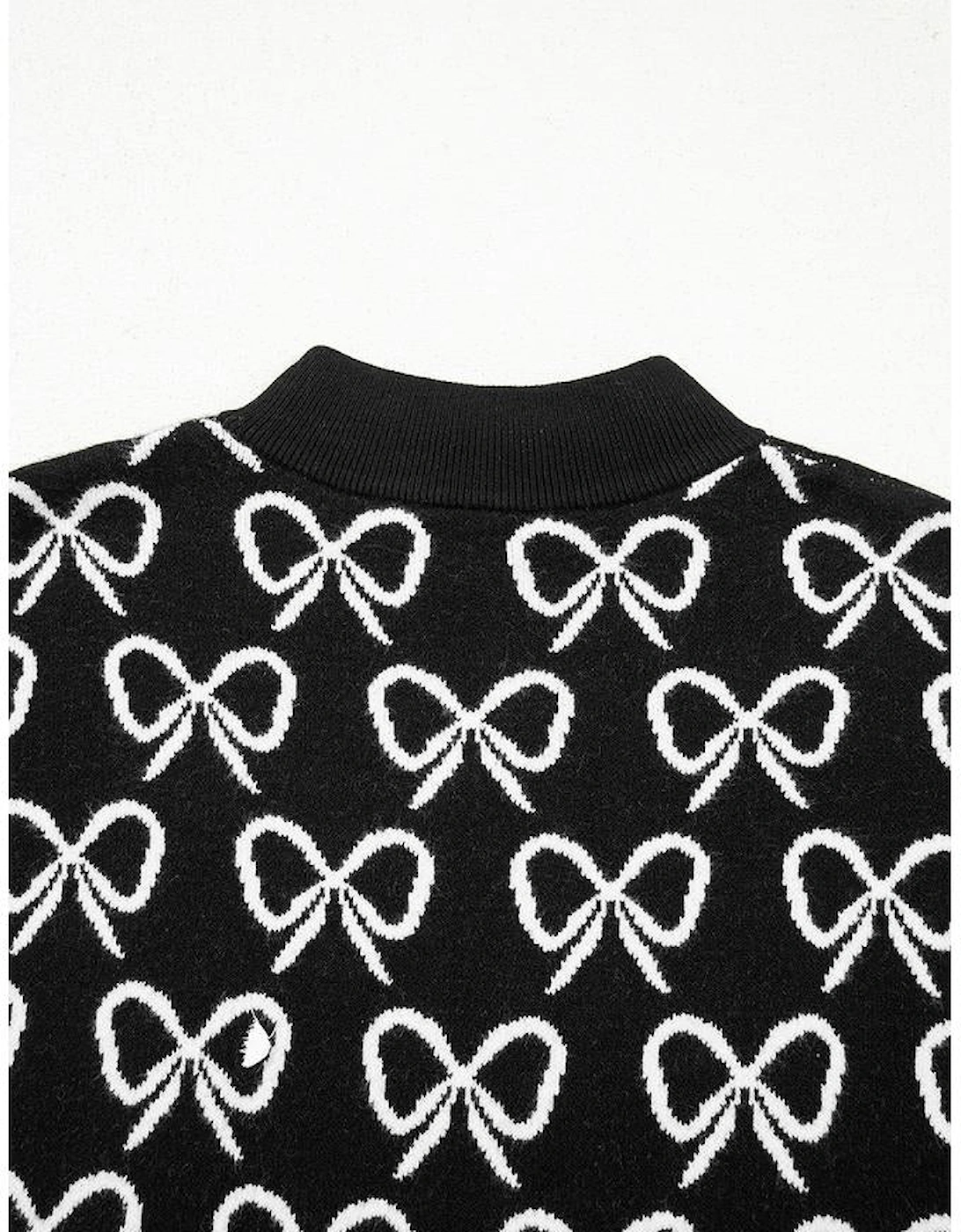 Black Cute Bow Pattern Drop Shoulder Zipped Collar Sweater