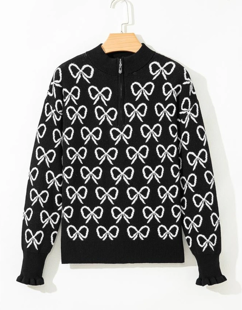 Black Cute Bow Pattern Drop Shoulder Zipped Collar Sweater