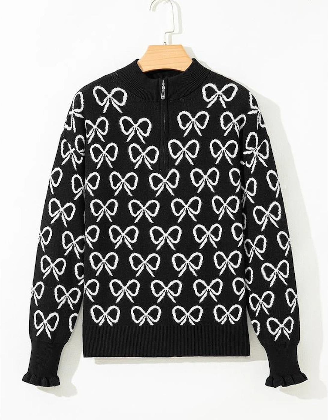 Black Cute Bow Pattern Drop Shoulder Zipped Collar Sweater