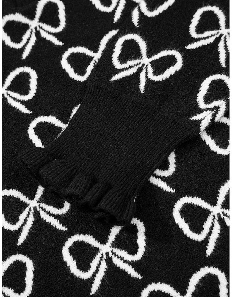 Black Cute Bow Pattern Drop Shoulder Zipped Collar Sweater