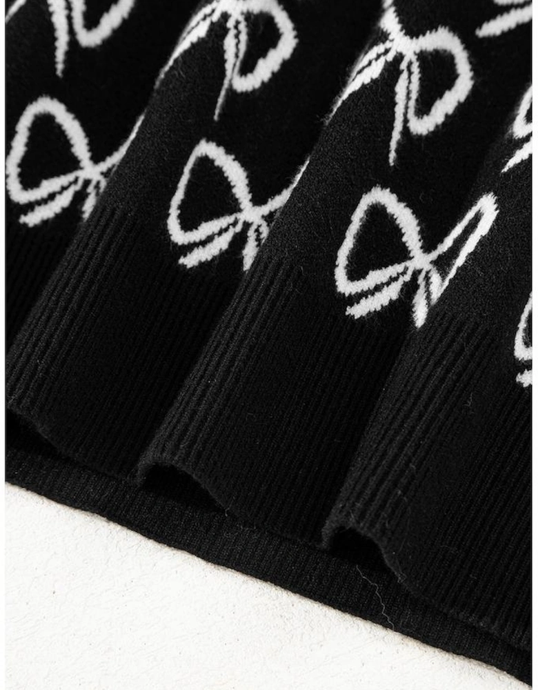 Black Cute Bow Pattern Drop Shoulder Zipped Collar Sweater