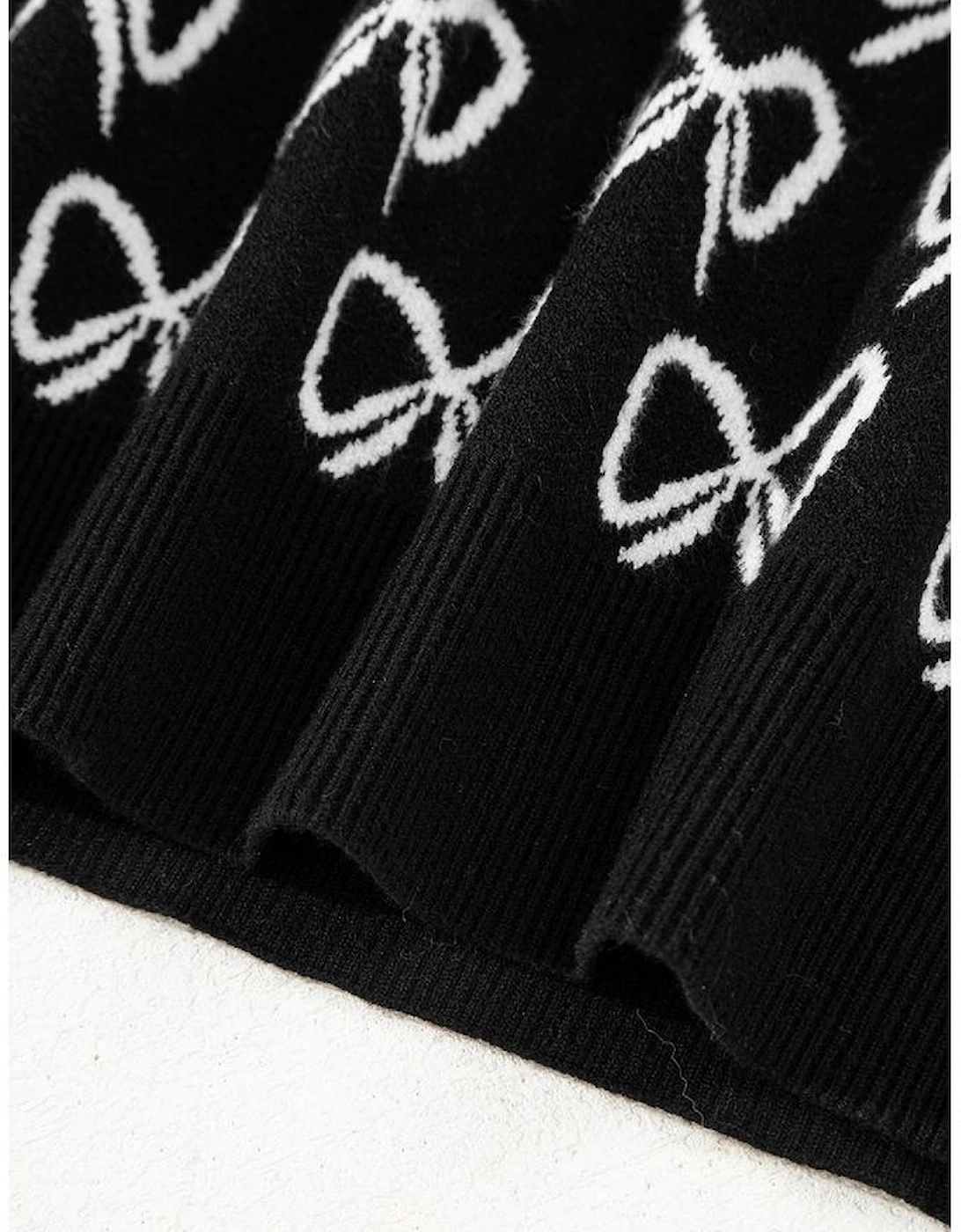 Black Cute Bow Pattern Drop Shoulder Zipped Collar Sweater