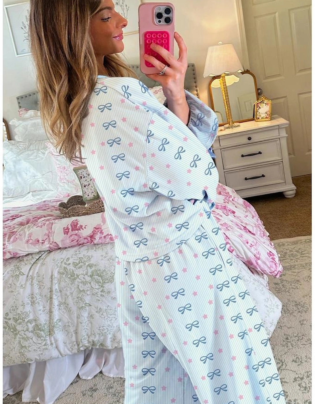 Sky Blue Stripe Bow Star Print Tied Detail 2pcs Lounge Set, 3 of 2