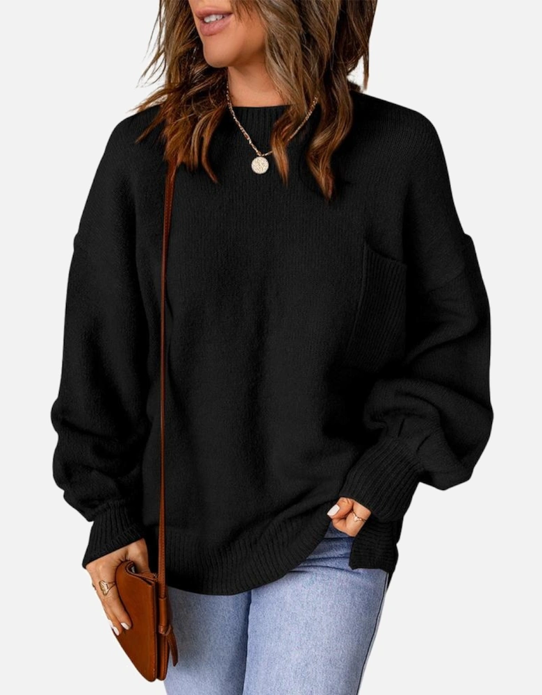 Black Solid Color Puffy Sleeve Pocketed Sweater