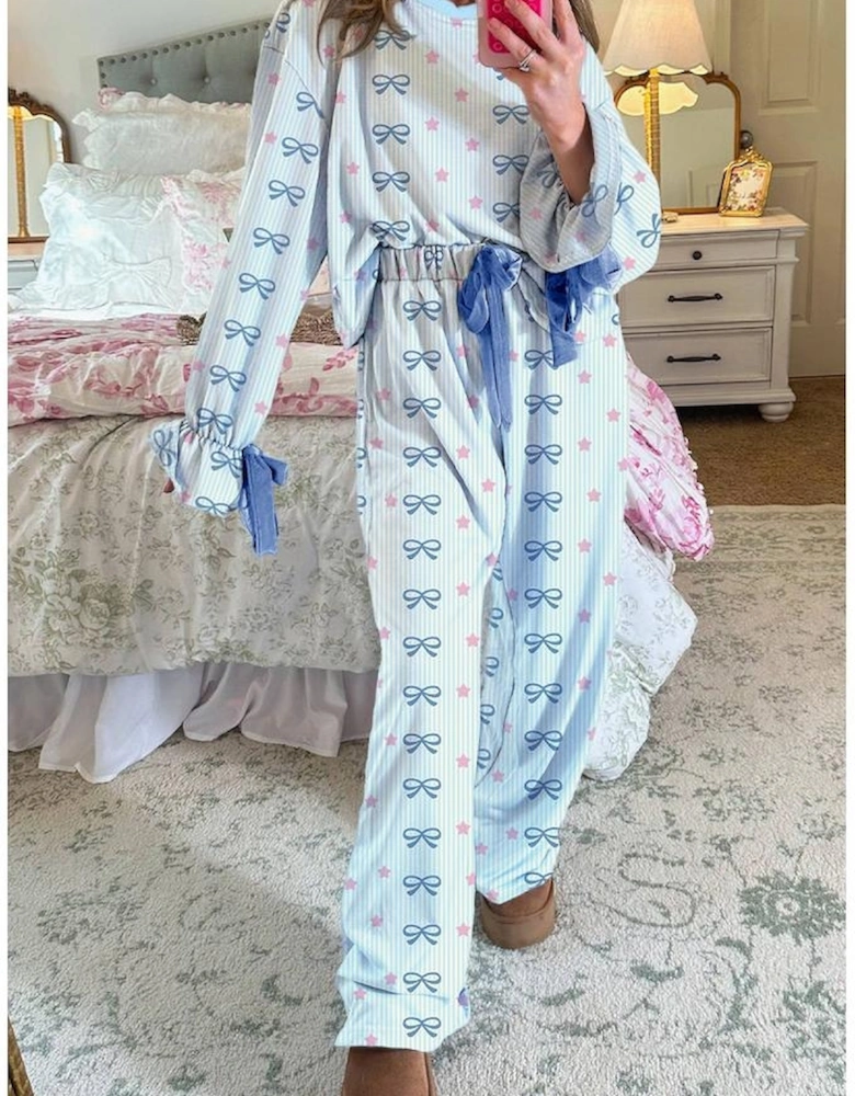 Sky Blue Stripe Bow Star Print Tied Detail 2pcs Lounge Set