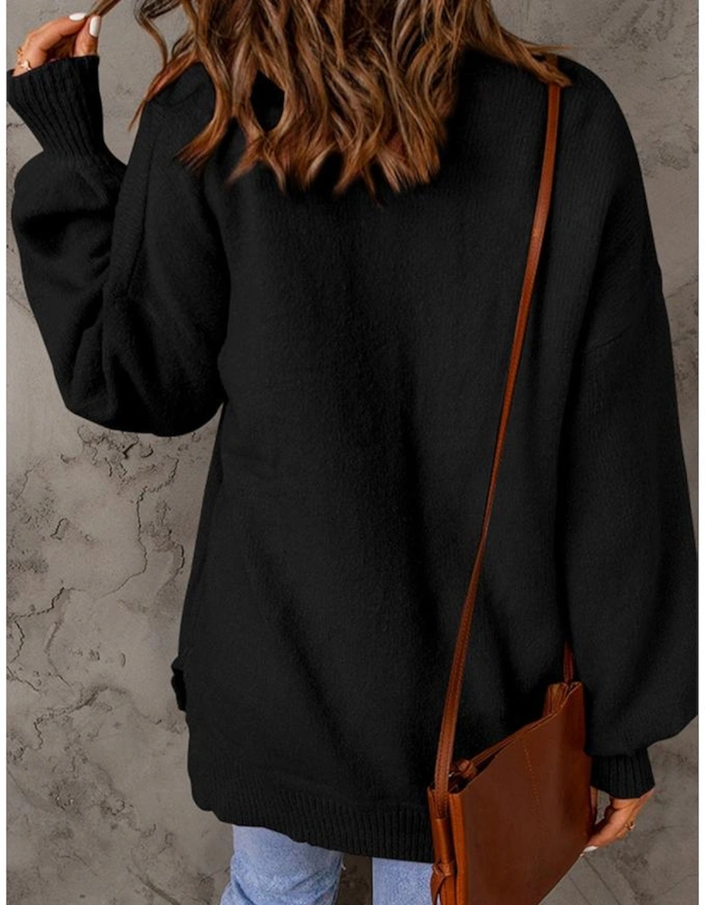 Black Solid Color Puffy Sleeve Pocketed Sweater