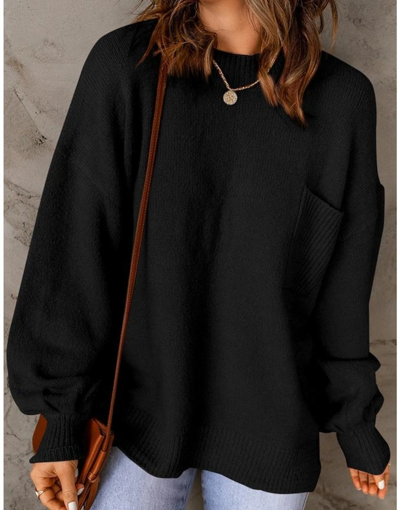 Black Solid Color Puffy Sleeve Pocketed Sweater