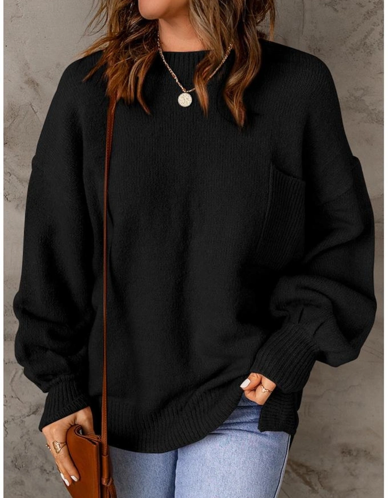 Black Solid Color Puffy Sleeve Pocketed Sweater
