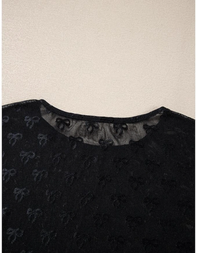 Black Mesh Bow Pattern Long Sleeve Top