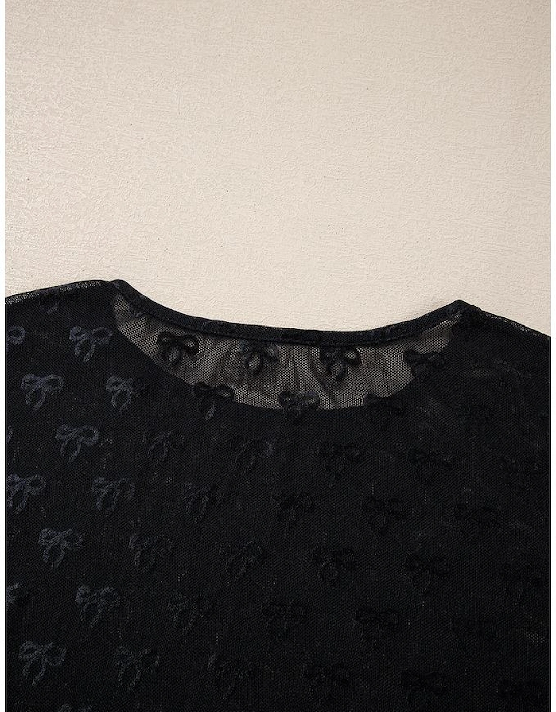Black Mesh Bow Pattern Long Sleeve Top