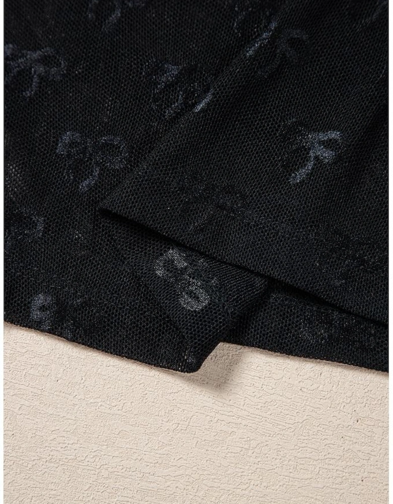 Black Mesh Bow Pattern Long Sleeve Top