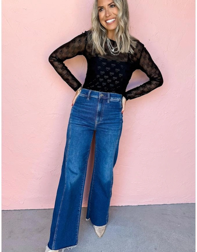 Black Mesh Bow Pattern Long Sleeve Top