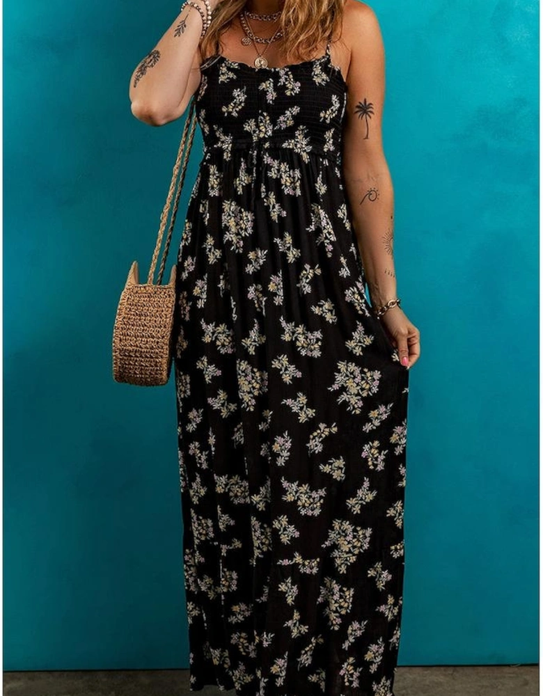 Black Floral Spaghetti Strap Shirred Bodice Tied Empire Waist Maxi Dress
