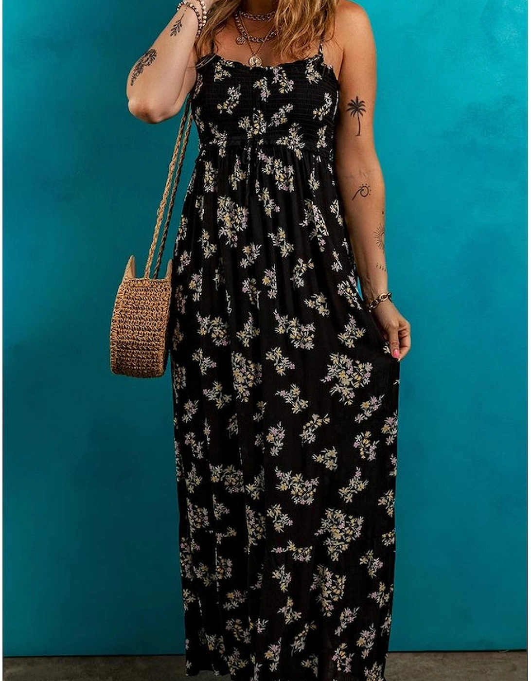 Black Floral Spaghetti Strap Shirred Bodice Tied Empire Waist Maxi Dress