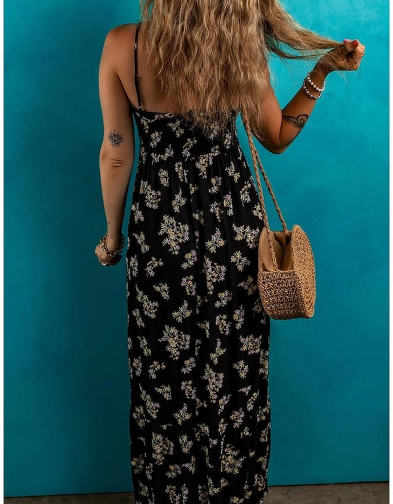 Black Floral Spaghetti Strap Shirred Bodice Tied Empire Waist Maxi Dress