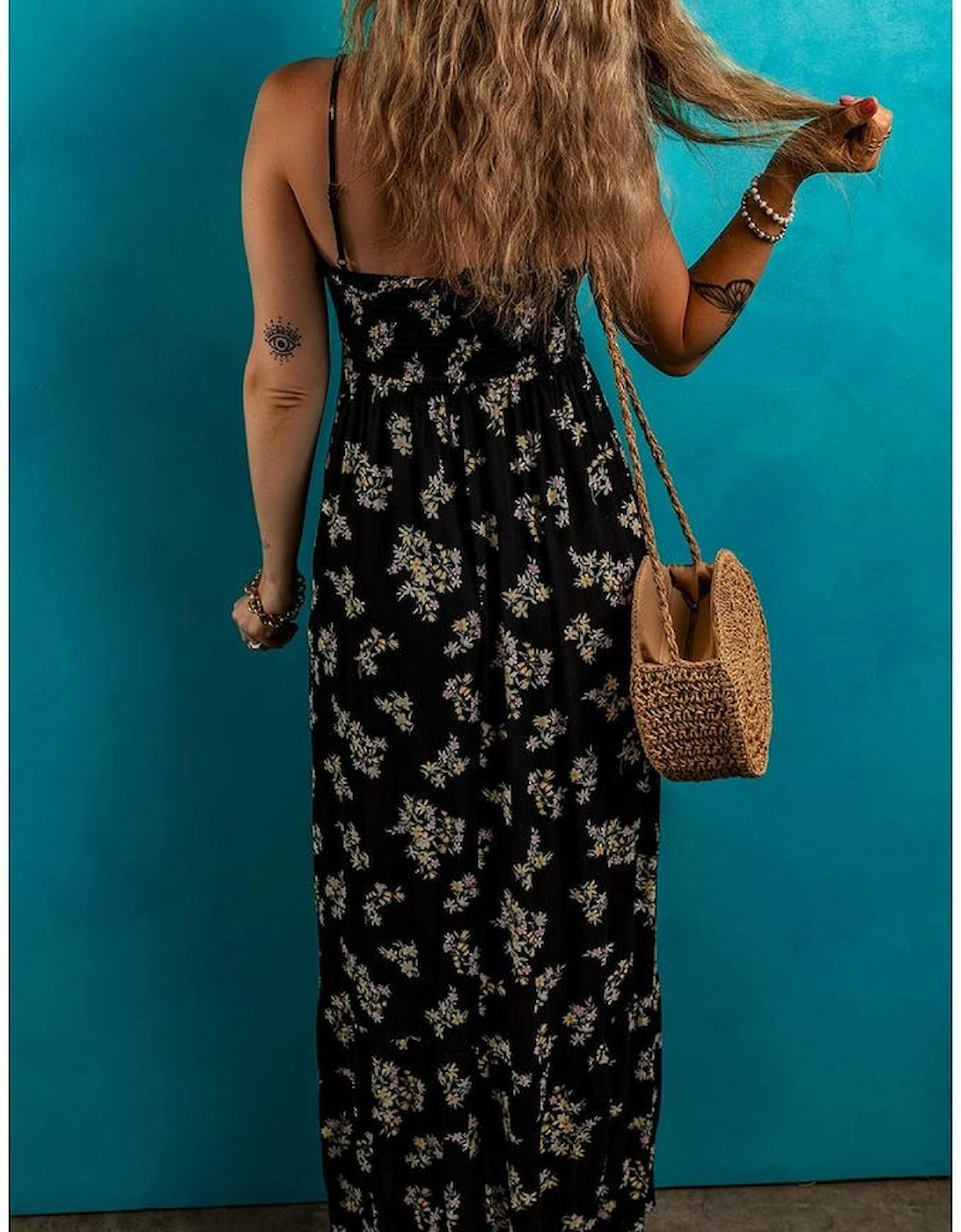 Black Floral Spaghetti Strap Shirred Bodice Tied Empire Waist Maxi Dress, 15 of 14