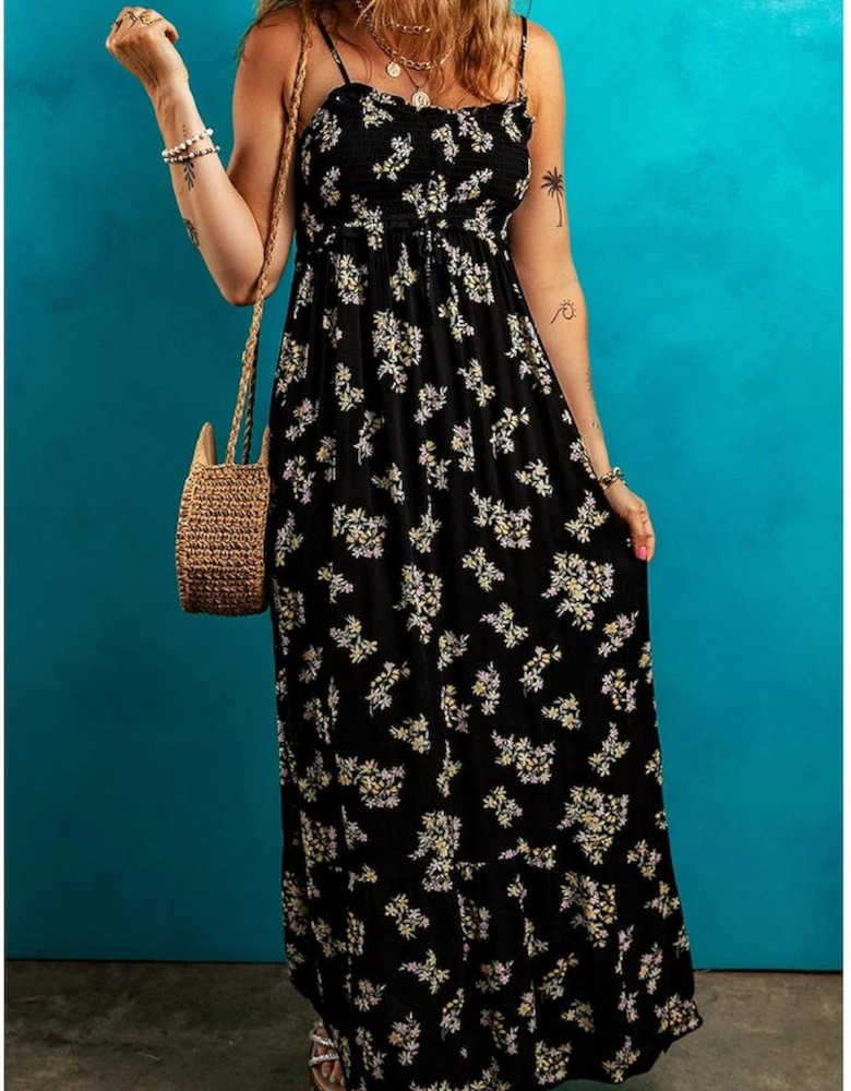 Black Floral Spaghetti Strap Shirred Bodice Tied Empire Waist Maxi Dress