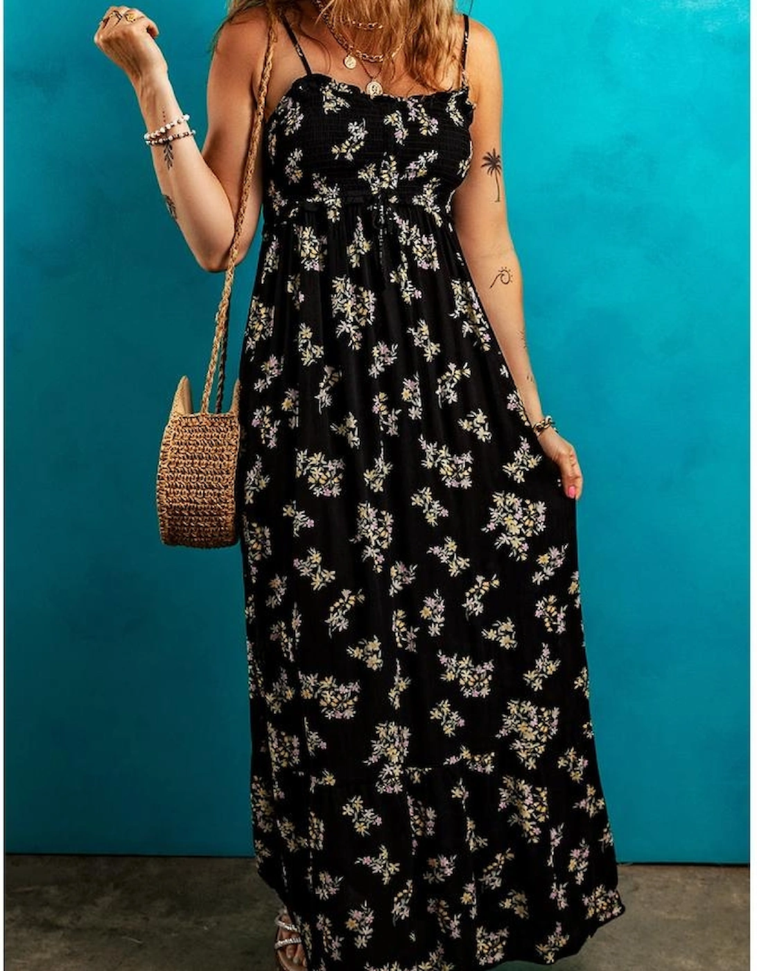 Black Floral Spaghetti Strap Shirred Bodice Tied Empire Waist Maxi Dress