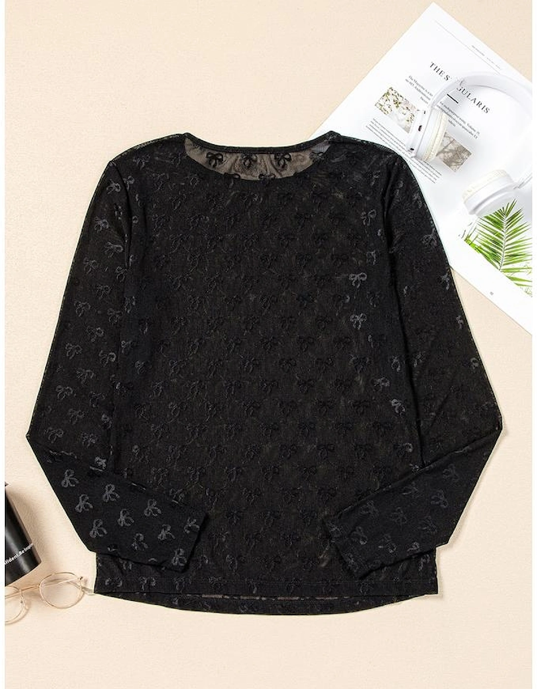 Black Mesh Bow Pattern Long Sleeve Top