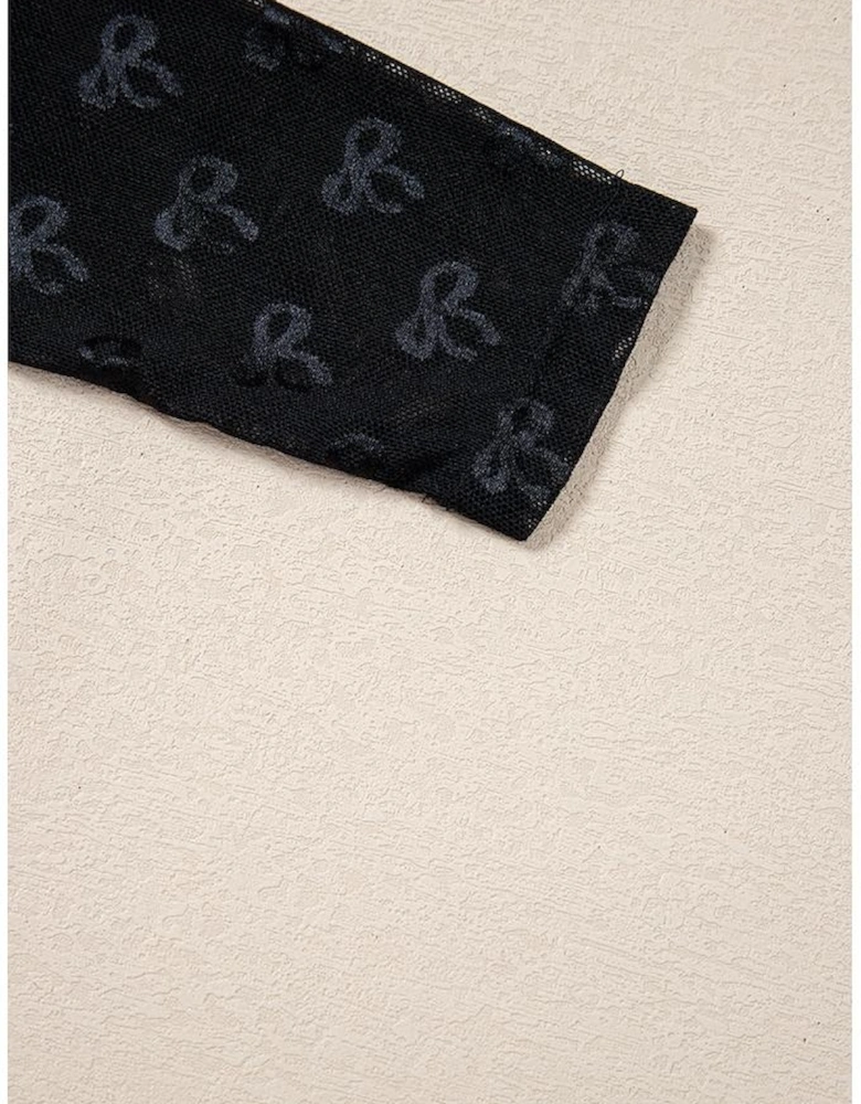 Black Mesh Bow Pattern Long Sleeve Top