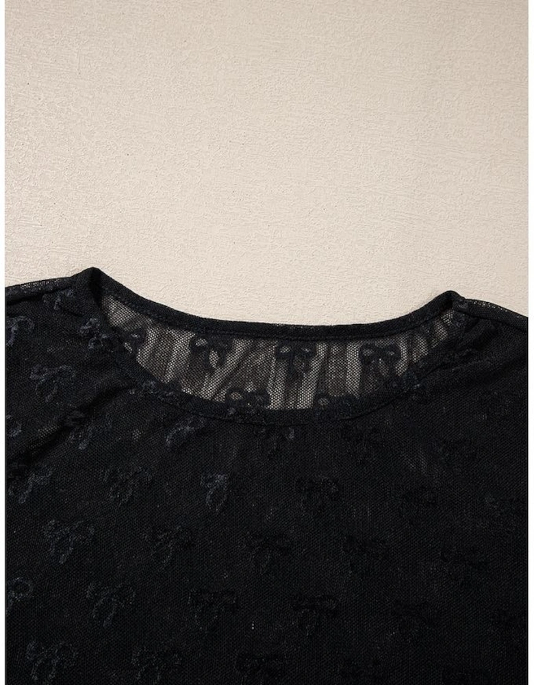 Black Mesh Bow Pattern Long Sleeve Top