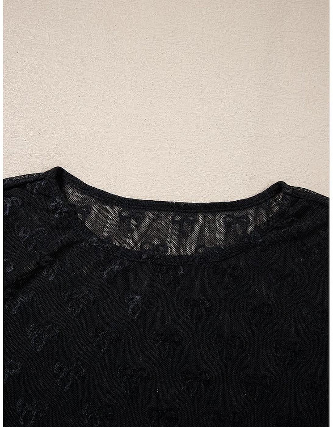 Black Mesh Bow Pattern Long Sleeve Top