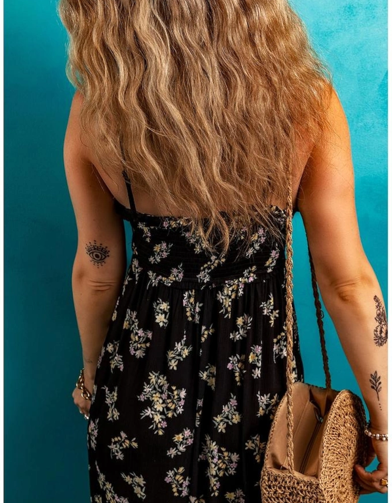 Black Floral Spaghetti Strap Shirred Bodice Tied Empire Waist Maxi Dress