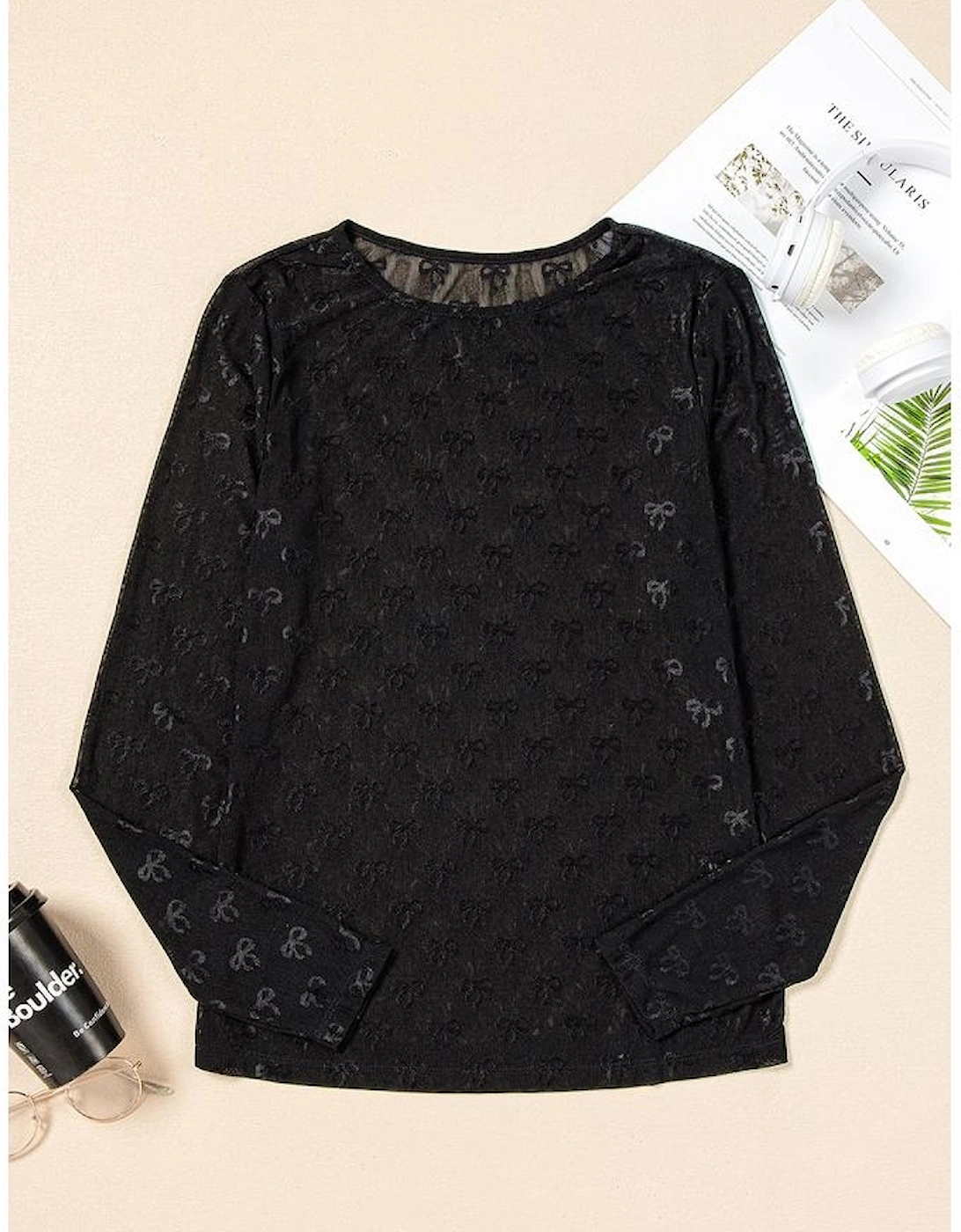 Black Mesh Bow Pattern Long Sleeve Top