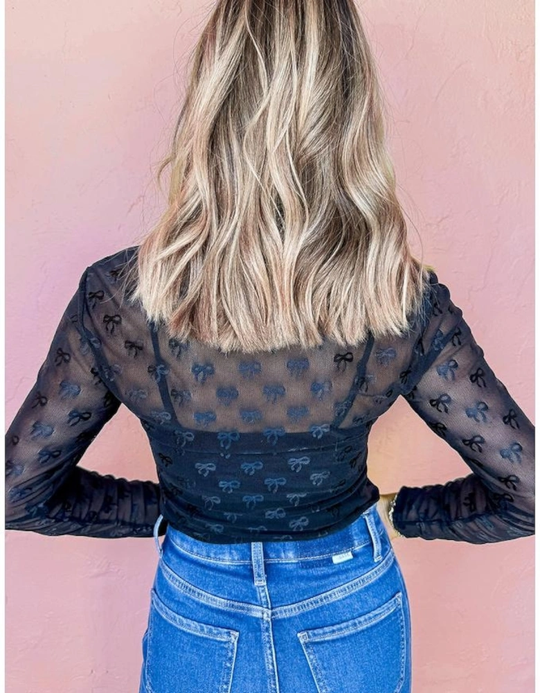 Black Mesh Bow Pattern Long Sleeve Top