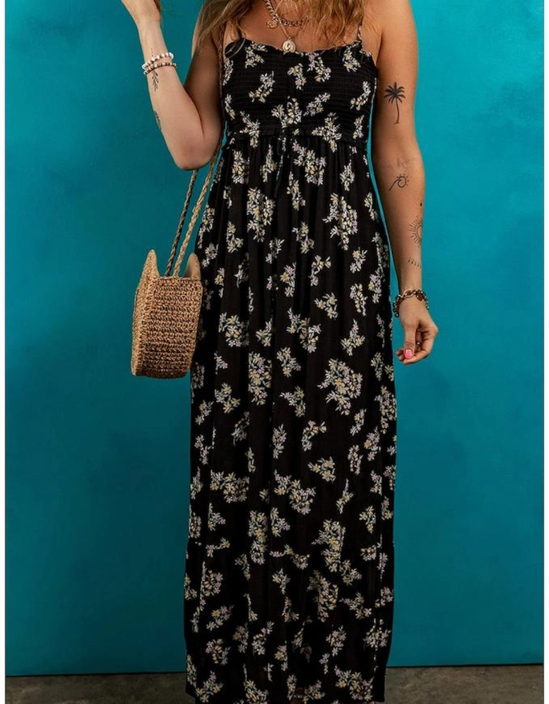 Black Floral Spaghetti Strap Shirred Bodice Tied Empire Waist Maxi Dress