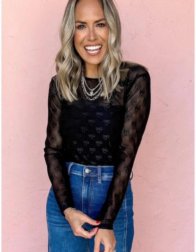 Black Mesh Bow Pattern Long Sleeve Top
