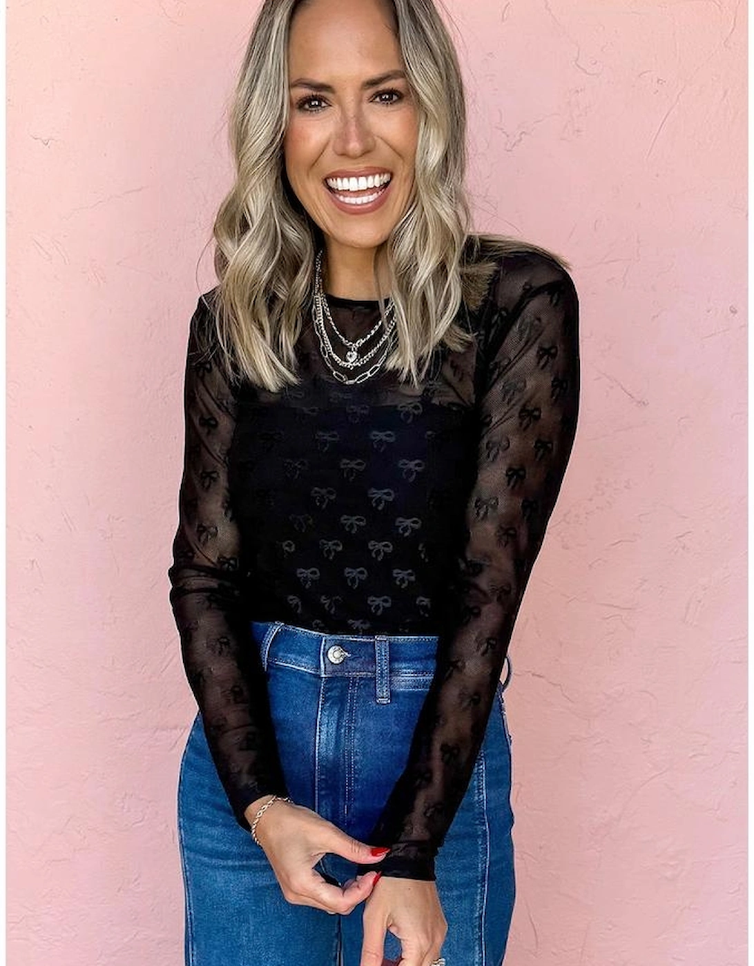 Black Mesh Bow Pattern Long Sleeve Top