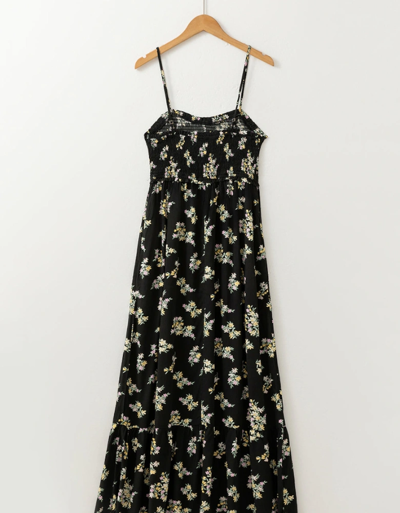 Black Floral Spaghetti Strap Shirred Bodice Tied Empire Waist Maxi Dress