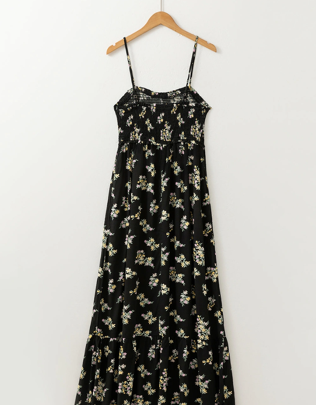 Black Floral Spaghetti Strap Shirred Bodice Tied Empire Waist Maxi Dress