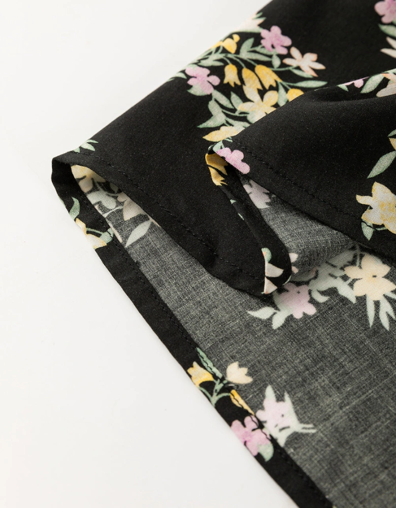 Black Floral Spaghetti Strap Shirred Bodice Tied Empire Waist Maxi Dress