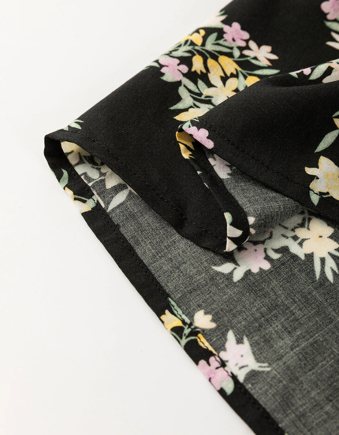 Black Floral Spaghetti Strap Shirred Bodice Tied Empire Waist Maxi Dress