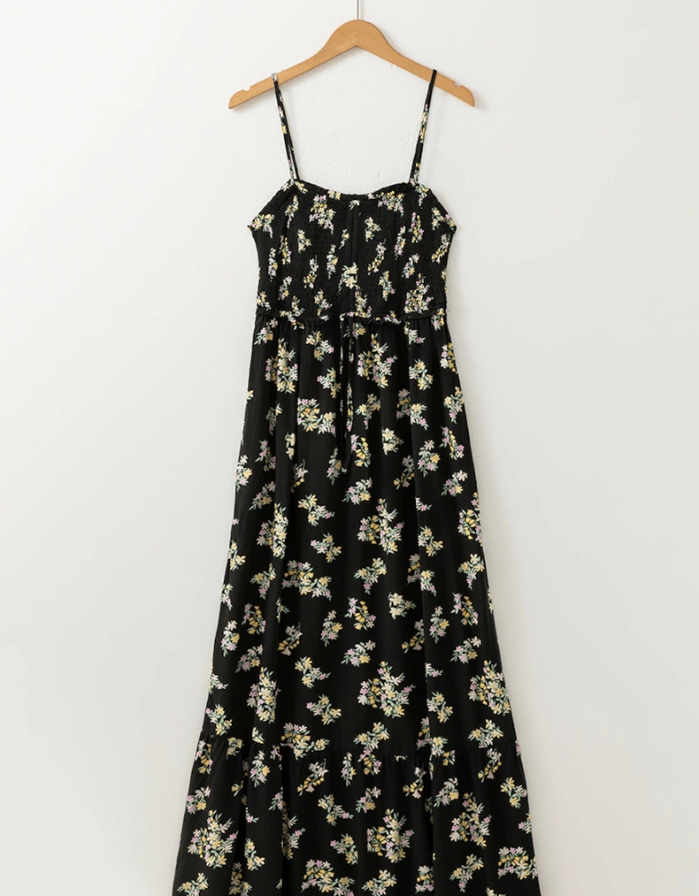 Black Floral Spaghetti Strap Shirred Bodice Tied Empire Waist Maxi Dress