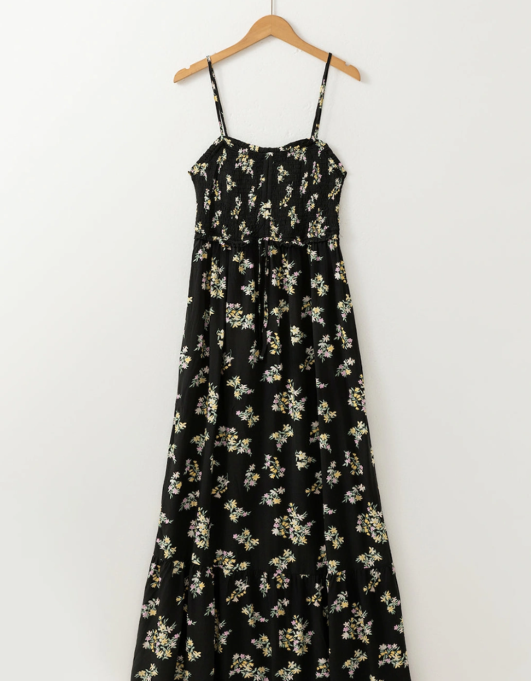 Black Floral Spaghetti Strap Shirred Bodice Tied Empire Waist Maxi Dress