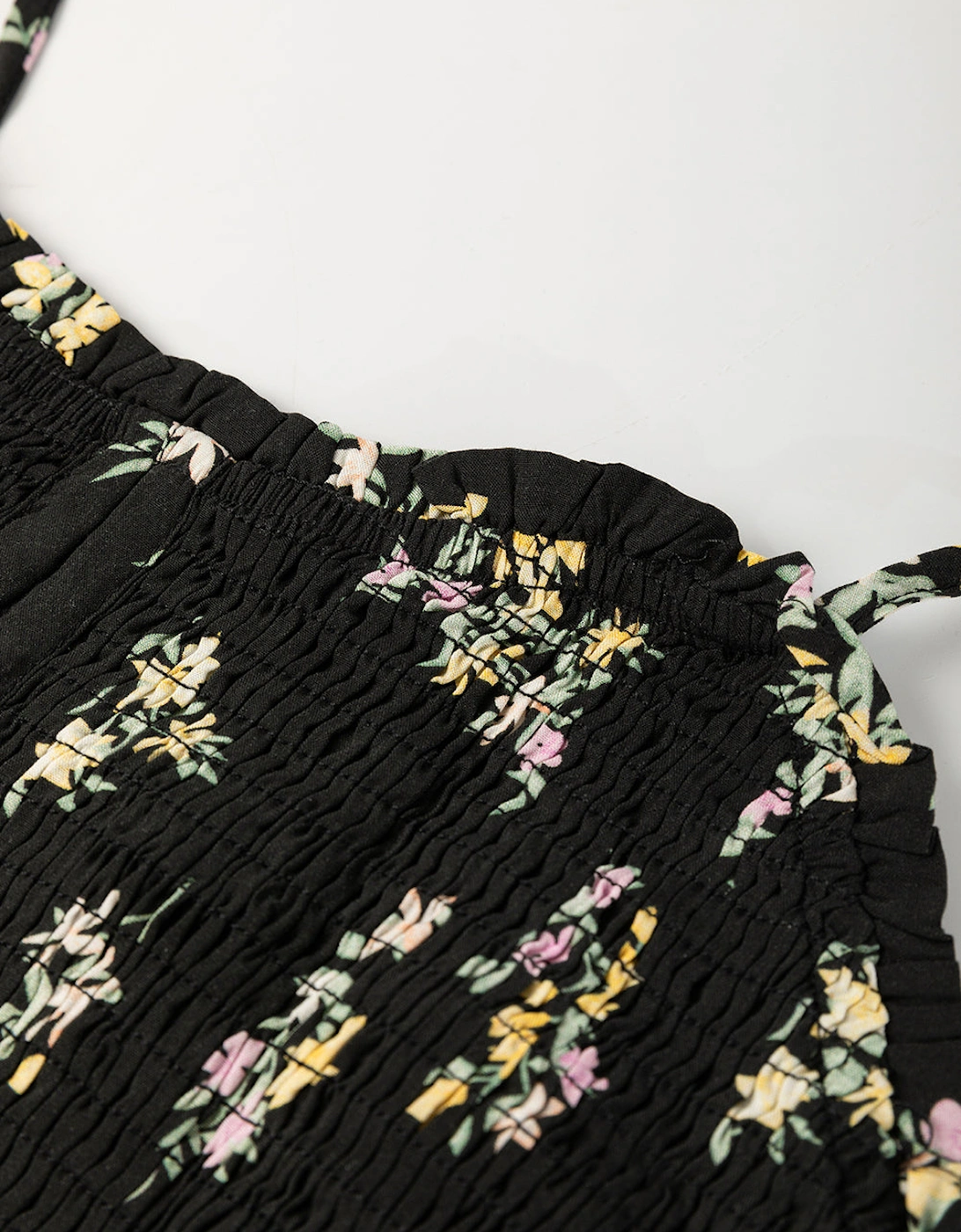 Black Floral Spaghetti Strap Shirred Bodice Tied Empire Waist Maxi Dress